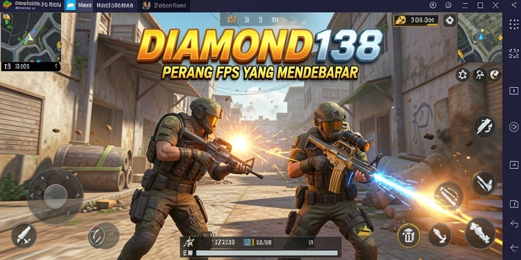Screenshot utama <strong>DIAMOND138</strong> menampilkan aksi tembak-menembak yang intens.
