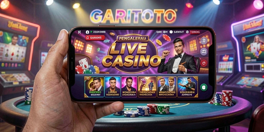Screenshot gameplay GARITOTO menampilkan dealer profesional dalam suasana kasino langsung.