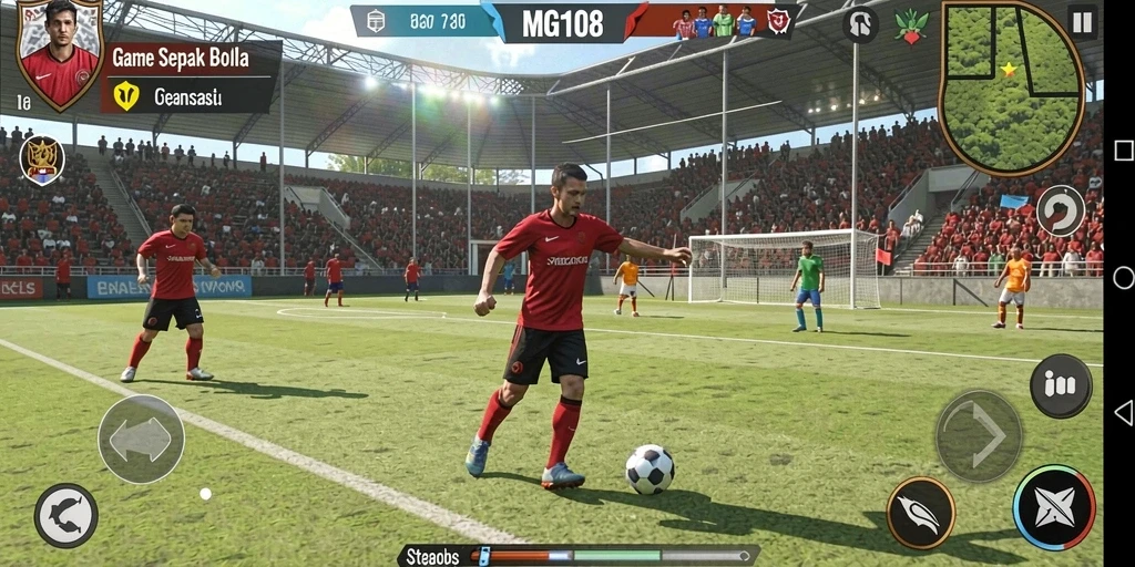 Screenshot MG108 menampilkan aksi pertandingan sepak bola yang mendebarkan.