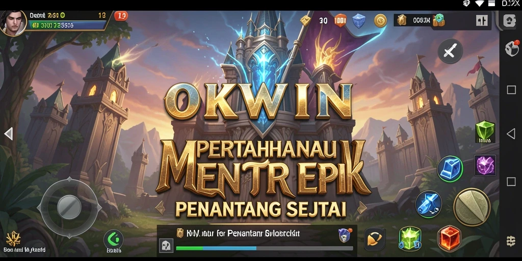 Screenshot gameplay OKWIN menunjukkan pertarungan menara yang intens.