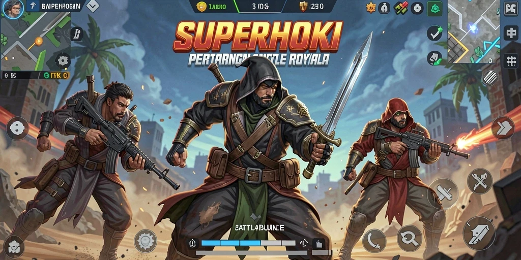 Screenshot gameplay SUPERHOKI menampilkan aksi intens di arena Battle Royale.